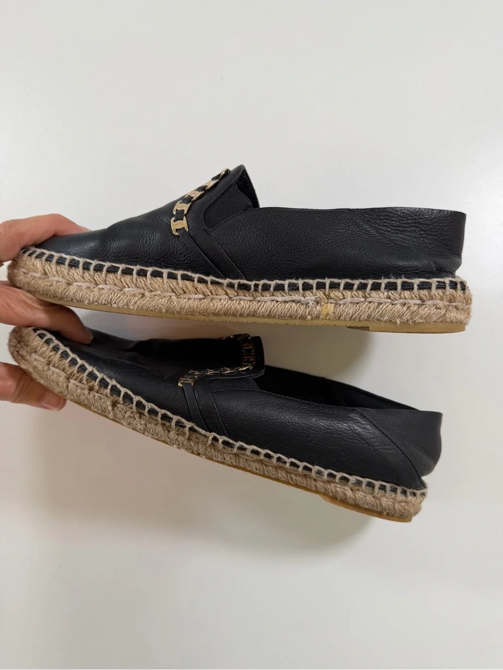 Salvatore Ferragamo Leather Chain Espadrilles 7.5C Wide Black